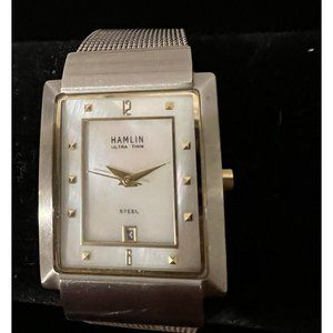Hamlin Ultra Thin Steel  Silver Flat Band Women's Watch New Battery Mother Pearl